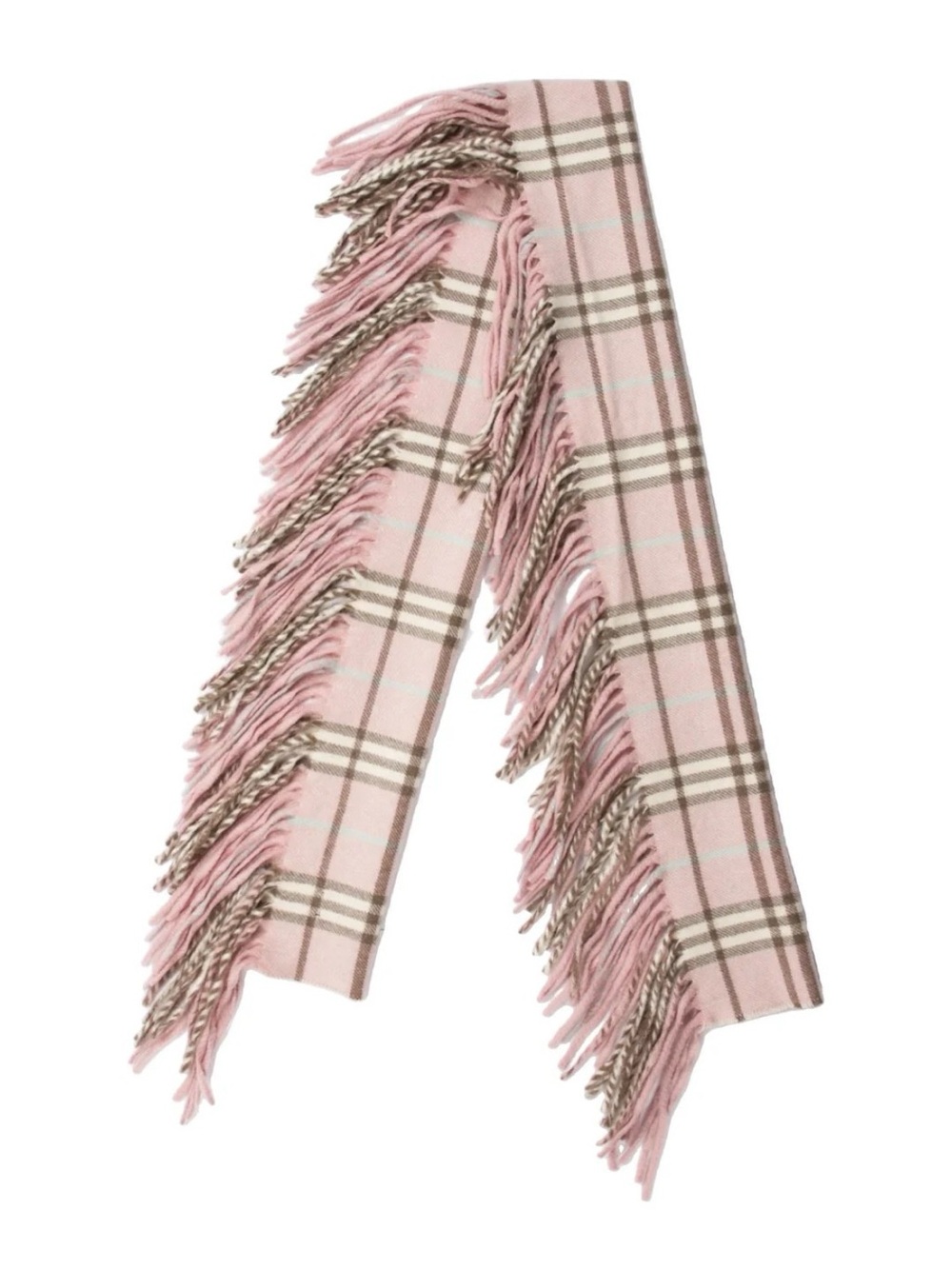 Burberry Cashmere Nova Check Pattern Scarf Shawl Plaid Fringe, Pink and Brown